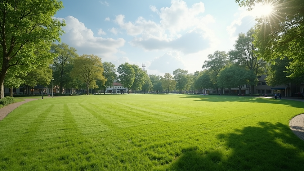 Wide angle view of a grassy park area with open space for events