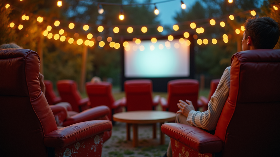 Eye-level view of a cozy outdoor movie seating area with string lights