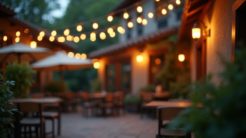 Close-up view of string lights hanging above outdoor seating area