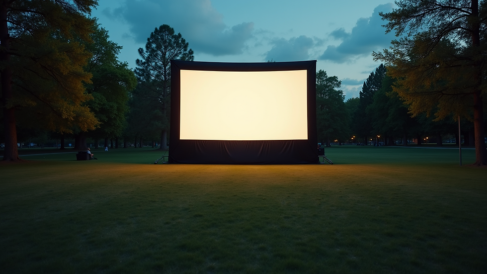 Wide angle view of outdoor movie screen setup in a park