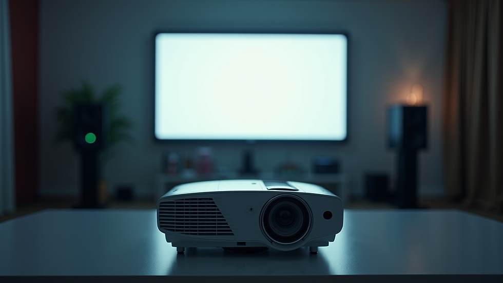 Eye-level view of a projector setup with speakers and screen frame