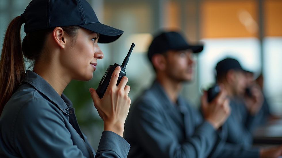 Close-up view of event staff coordinating with walkie-talkies