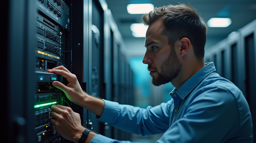 Close-up view of a technician configuring network hardware