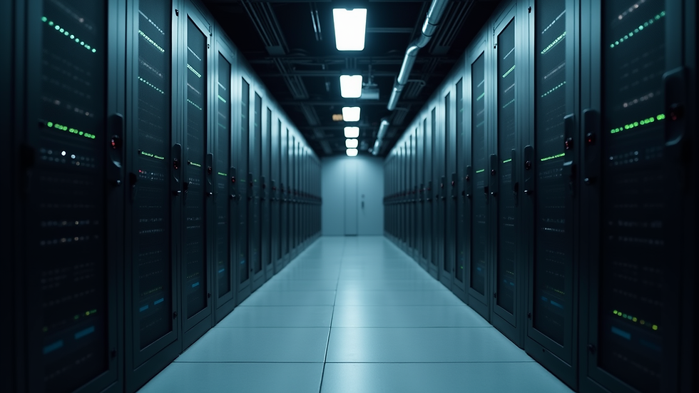 Eye-level view of a server room with network equipment
