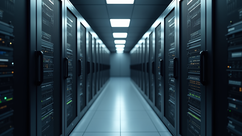 Eye-level view of a server room with racks of network equipment