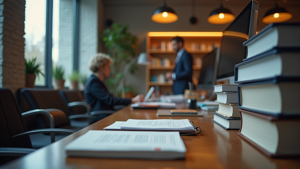 Eye-level view of a modern law office with computers and legal books