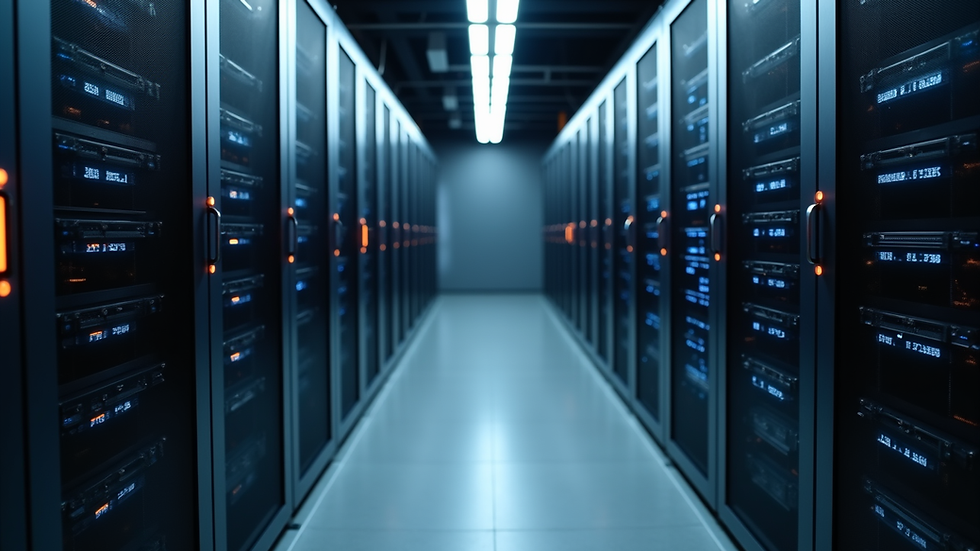 Eye-level view of a server room with financial data infrastructure
