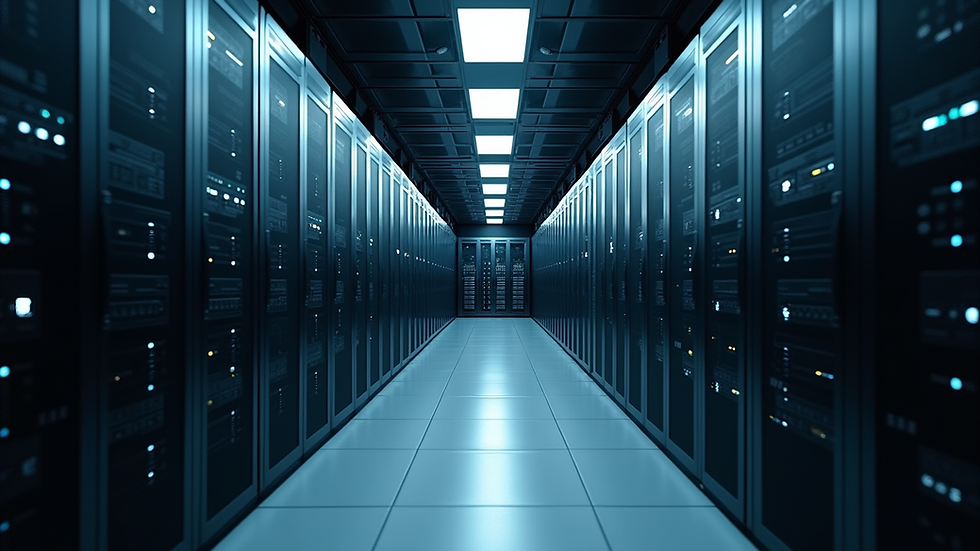 Eye-level view of a server room with racks of network equipment
