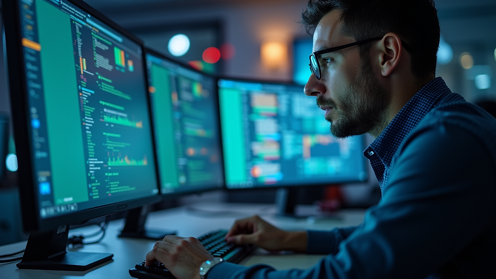 Close-up view of a cybersecurity analyst monitoring network traffic on multiple screens