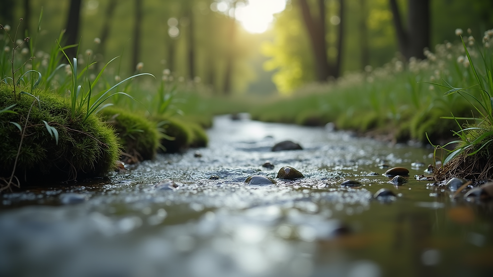 Close-up view of a tranquil nature scene with a flowing stream