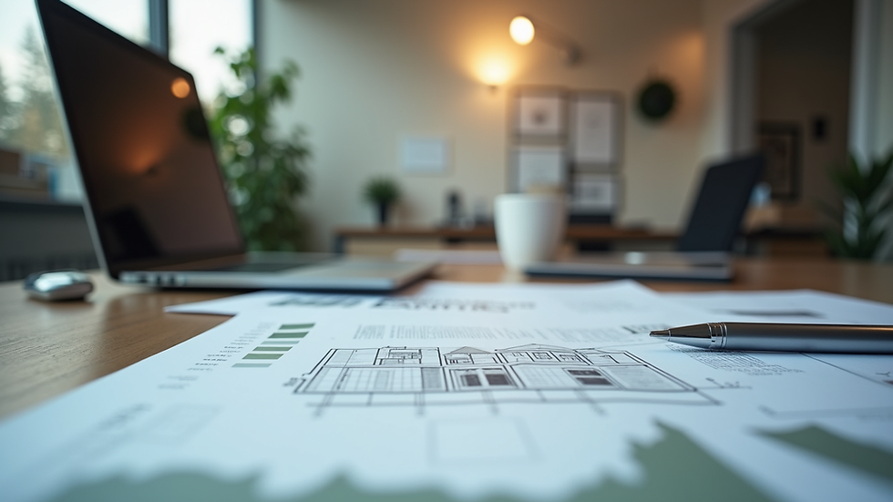 Eye-level view of a modern office desk with real estate project plans and a laptop