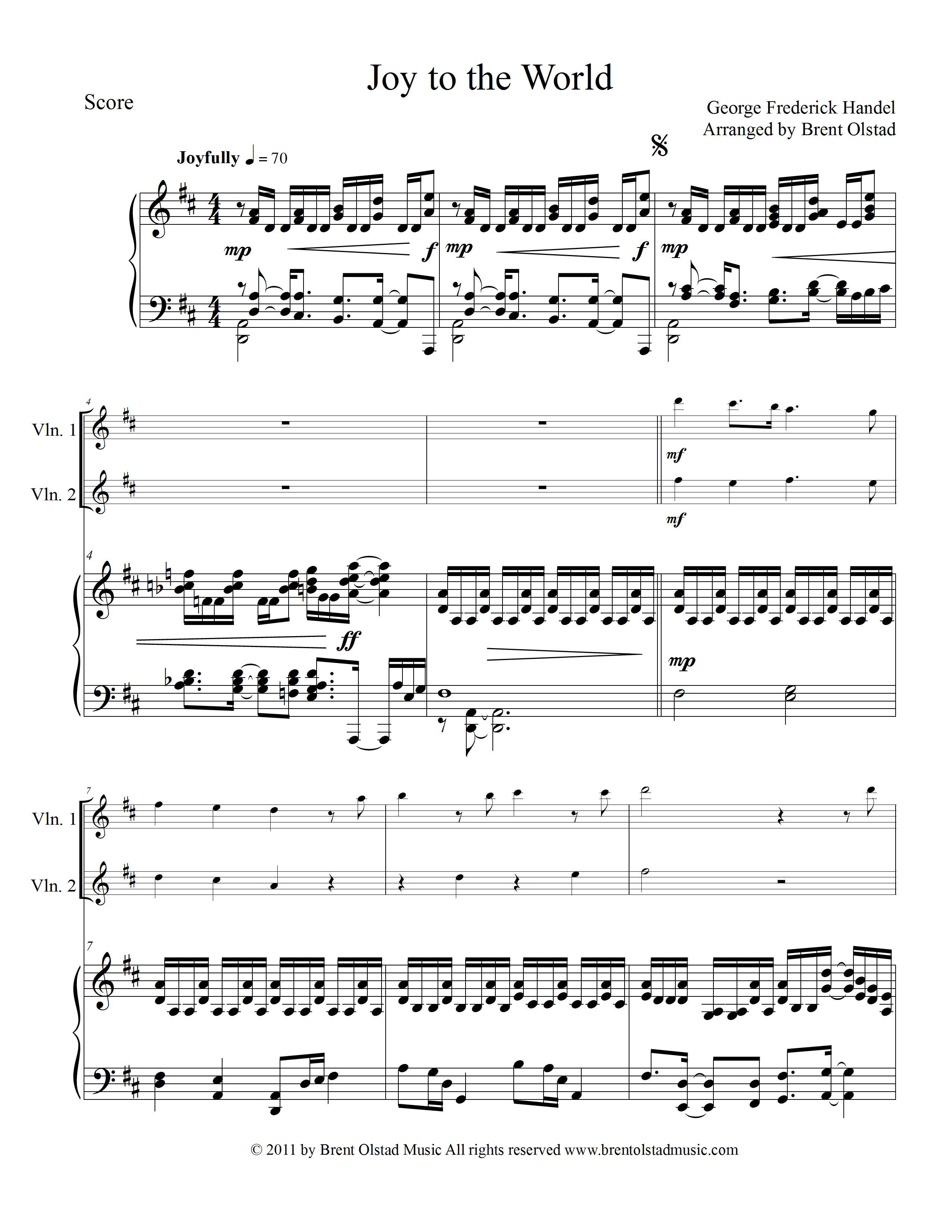 Joy to the World for 2 violins and piano