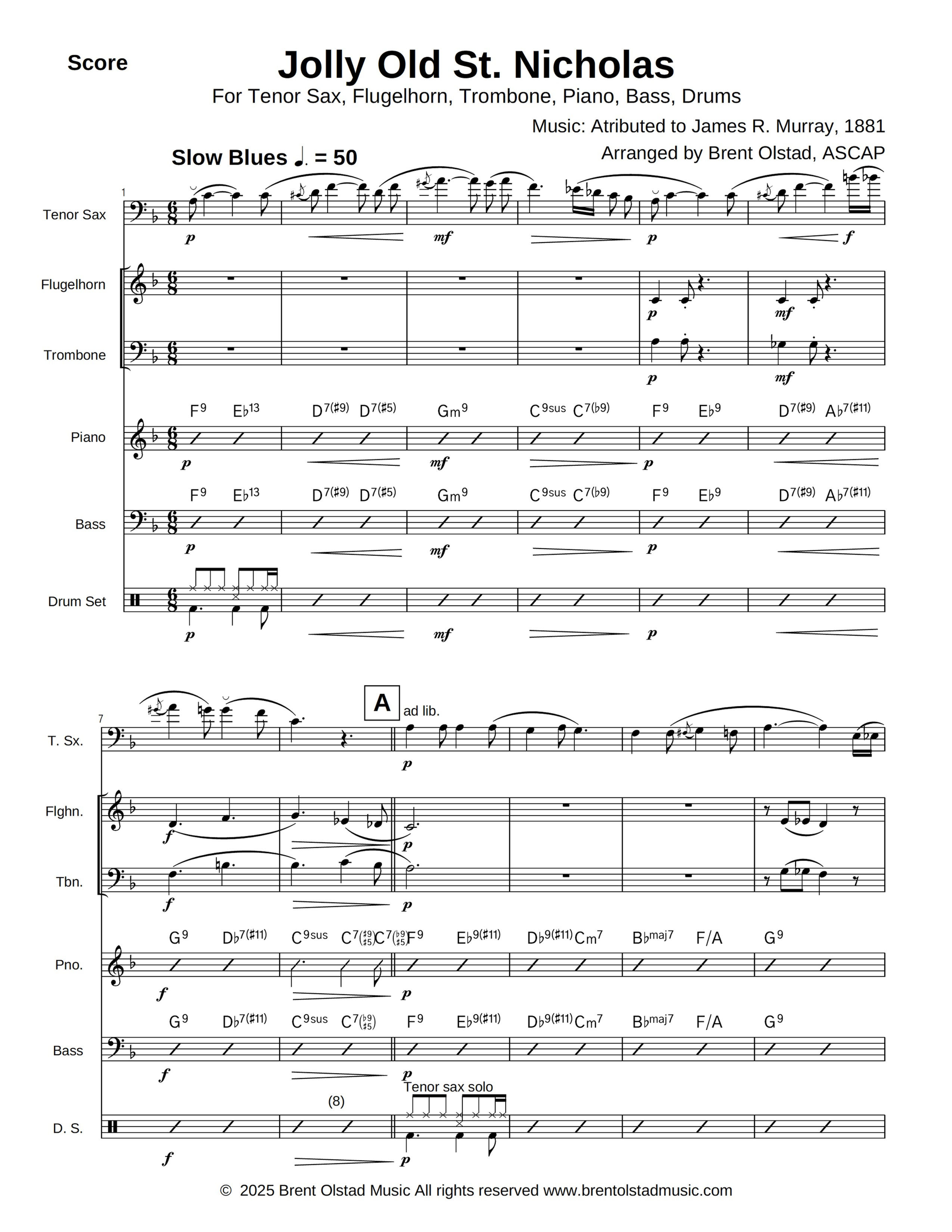 Jolly Old St. Nicholas for tenor sax, fluglehorn, trombone, piano, bass, drums