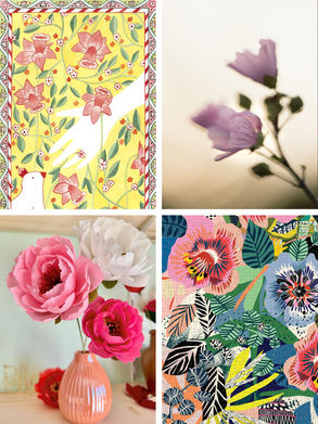 Quelques uns de mes trésors fleuris du quotidien : Aquarelle "Main Tendue" de Florianests - Photographie de Rachel Tacquard, conteuse d'histoires naturelles - Pavots en papier de Rose Pelican - Puzzle "Lost in the Garden" de l'artiste Kitty McCall chez Galison