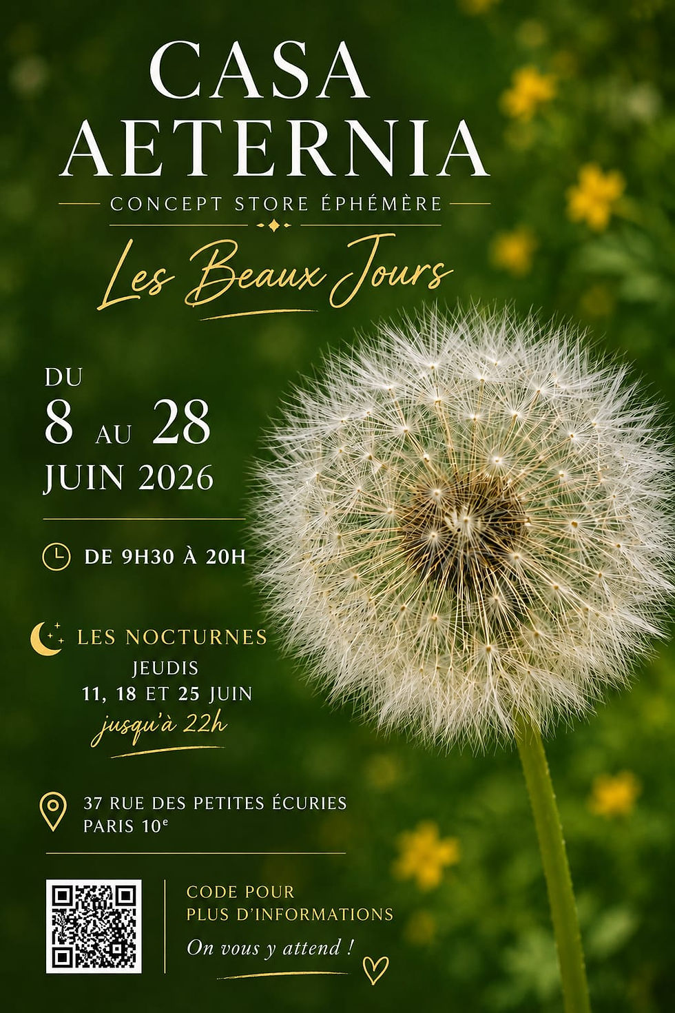 affiche concept store éphémère Casa Aeternia "les beaux jours" du 8 au 18 juin 2026 37 rue des Petites Ecuries Paris 10ème avec les bijoux en dentelle Koko de Coralie Martin, légers, raffinés et originaux.