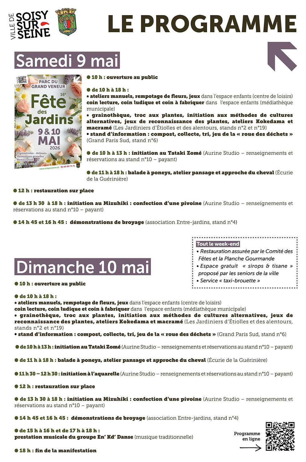 affiche programme de l'événement 16ème Fête des Jardins de Soisy-sur-Seine au Parc du Grand Veneur, Essonne, samedi 9 et dimanche 10 mai 2026 avec pépiniéristes, horticulteurs, artisans, producteurs et associations. Animations gratuites pour toute la famille et petite restauration sur place. Avec Coralie Martin créatrice de bijoux en dentelle délicat légers et raffinés de la marque KOKO bijoux sur le thème floral de la rose et petites fleurs champêtres.