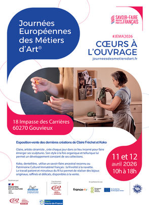 JEMA Journées des Métiers d'Art au village troglodytique de Gouvieux dans l'atelier de Claire Fréchet, sculptrice céramique, avec Coralie Martin, dentellière, créatrice des bijoux KOKO, samedi 11 et dimanche 12 avril 2026 - 60270 Gouvieux dans l'Oise Hauts-de-France