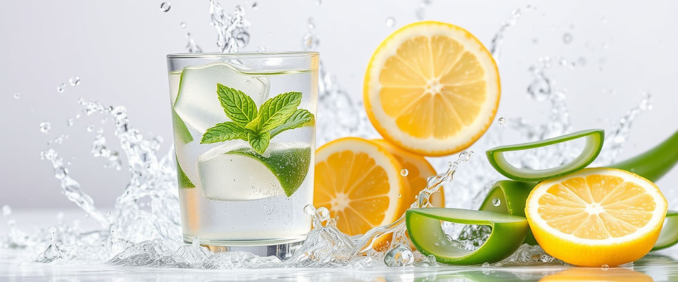 Glass of water with mint and lime, surrounded by splashing water, lemon slices, and aloe vera. Fresh and vibrant setting.