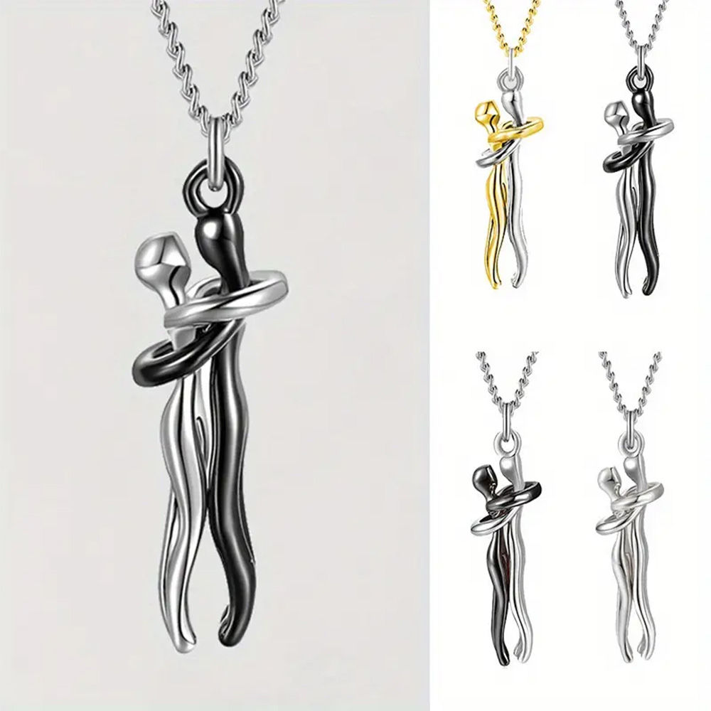 Chic Black Hug Pendant Necklace for Couples - Elegant Love Symbol,Perfect for Pa