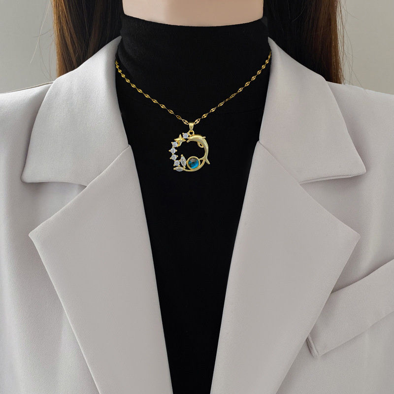 Thumbnail: Stainless Steel Star Moon Planet Necklace Women Fashion Rhinestone Dolphin Choke