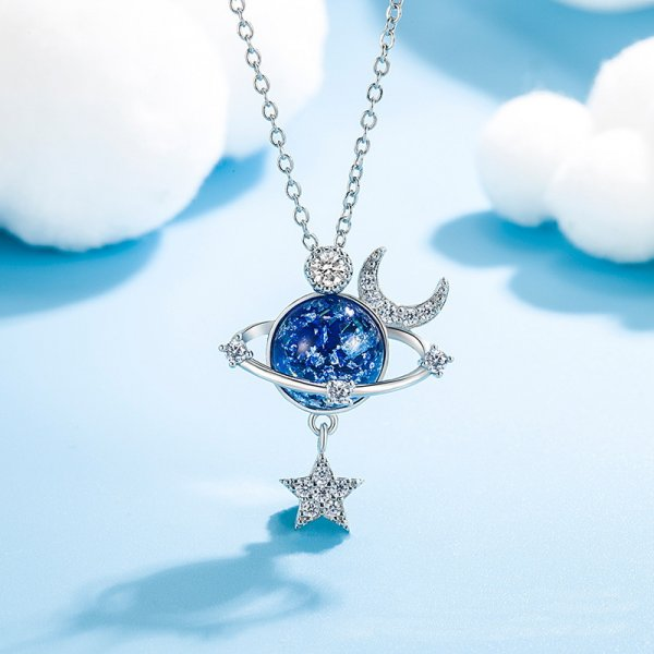 Thumbnail: Stainless Steel Star Moon Planet Necklace Women Fashion Rhinestone Dolphin Choke