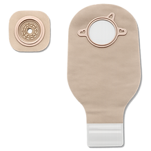 Two-piece ostomy bag and skin barrier medical device.