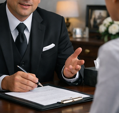 A funeral director in a dark suit sitting at a wooden desk with a wooden urn, speaking warmly during a consultation with a client.