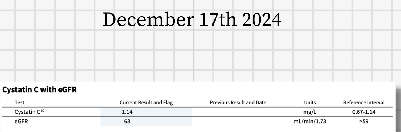 Cystatin C with eGFR results. Date: December 17th, 2024. Cystatin C: 1.14 mg/L, eGFR: 68 mL/min/1.73. Reference intervals noted.