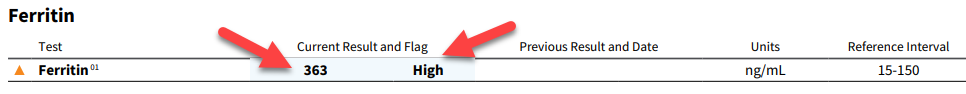 lab result showing high ferritin or iron amounts