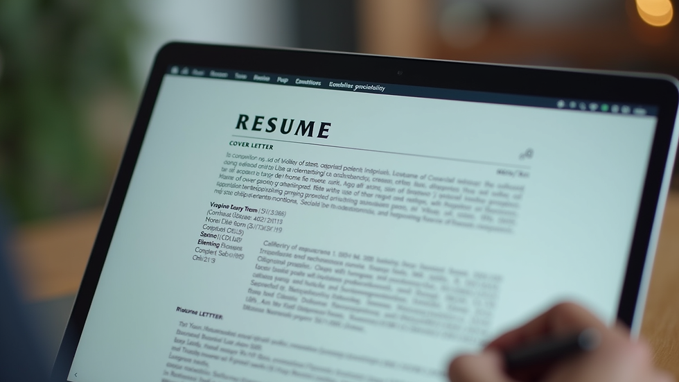 Close-up view of a laptop screen showing a resume and cover letter draft