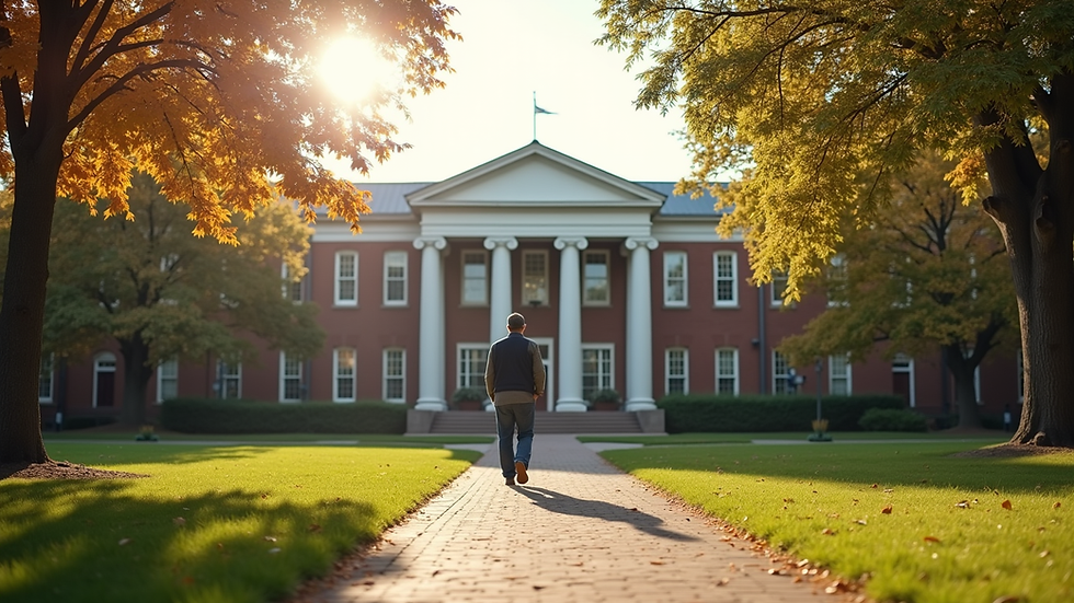 Eye-level view of a college campus with a veteran walking towards the building