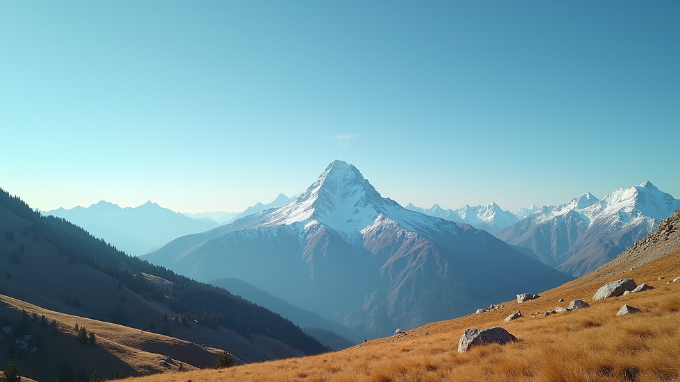 Wide angle view of a mountain landscape with a clear blue sky