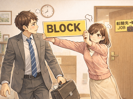 一名想轉職的日本上班族,被妻子舉著「BLOCK」標語擋在寫有「転職先 JOB」的門前,象徵嫁ブロック與夫ブロック的社會現象。