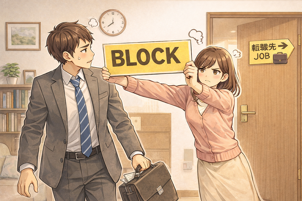 一名想轉職的日本上班族,被妻子舉著「BLOCK」標語擋在寫有「転職先 JOB」的門前,象徵嫁ブロック與夫ブロック的社會現象。