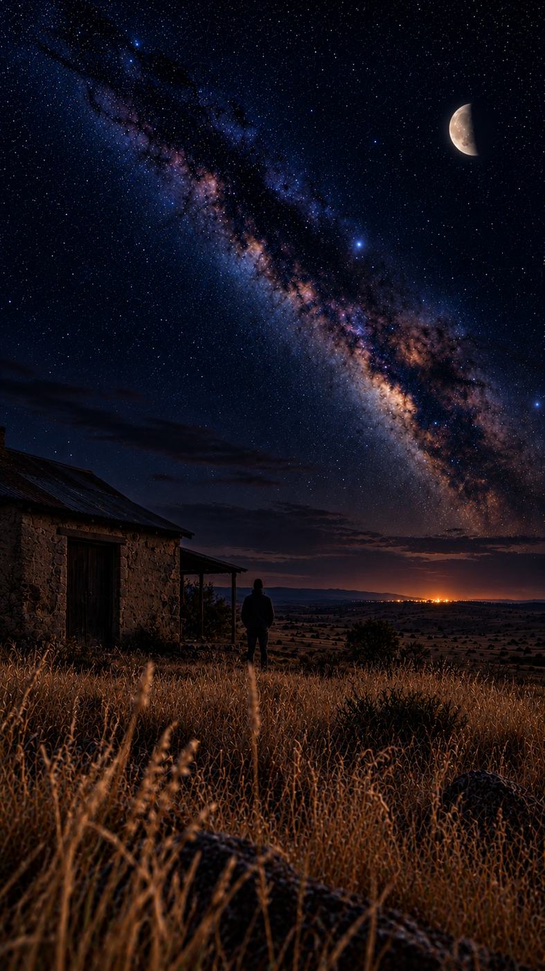 Stone house close in the grass at night