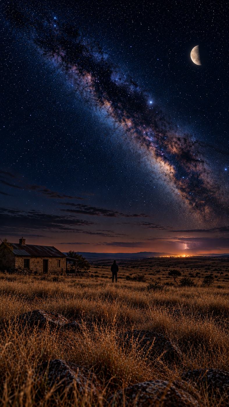 Quiet stone house under the Milky Way