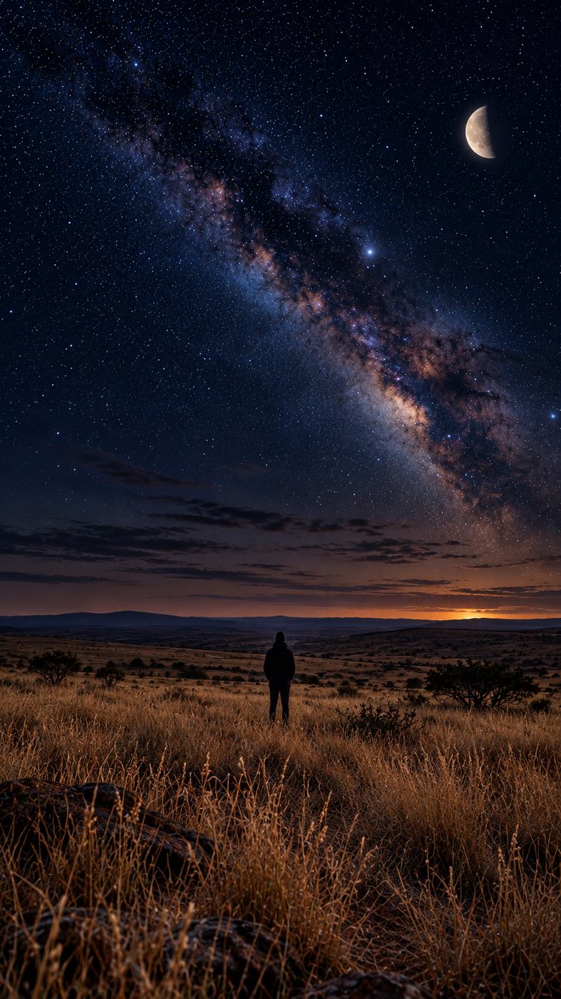 A figure in the Highveld grass at night, under the Milky Way