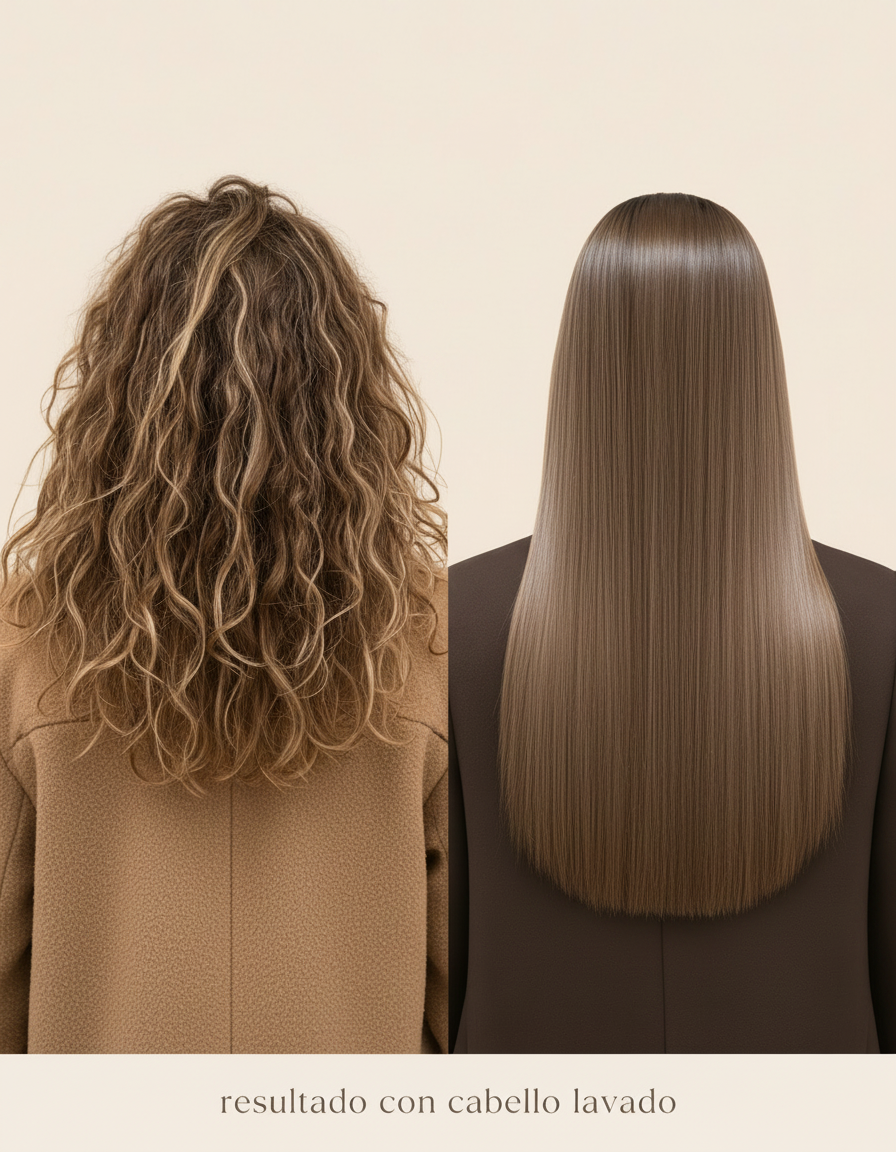 Antes, cabello maltratado con frizz y esponjado; después, liso y brillante.