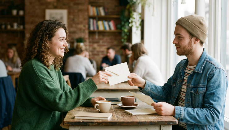 Eye-level view of two people in casual clothes exchanging handwritten notes at a quiet neighborhood cafe table.