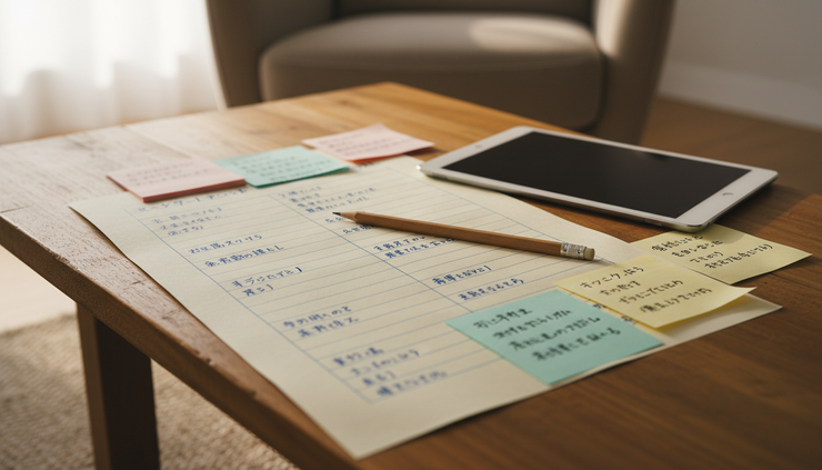 Close-up view of a handwritten skill inventory list beside sticky notes on a low table.