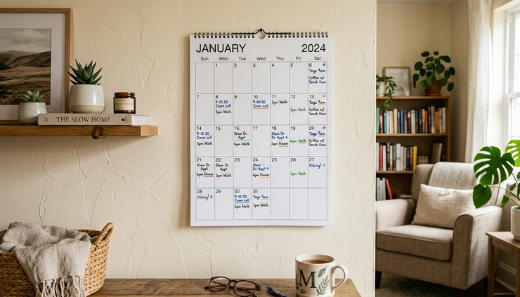 Wide-angle view of a simple wall calendar with small handwritten marks in a quiet home room.