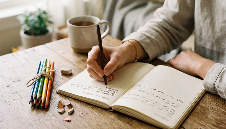 Close-up of a hand writing short reflections in a notebook beside colored pencils.