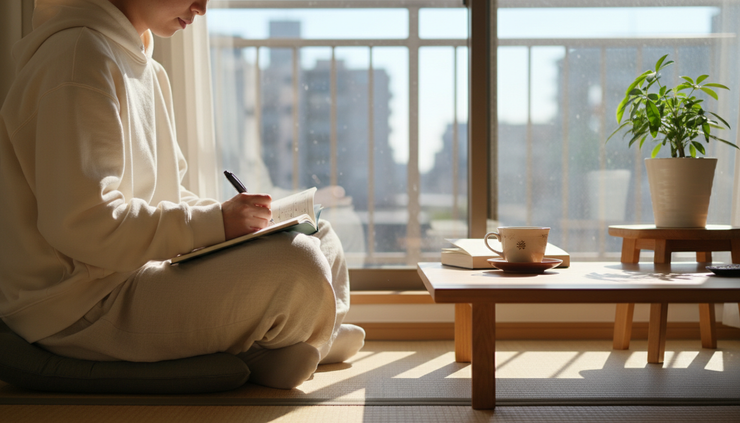 目線の高さで見た窓辺の椅子に座る私服の人と手帳。