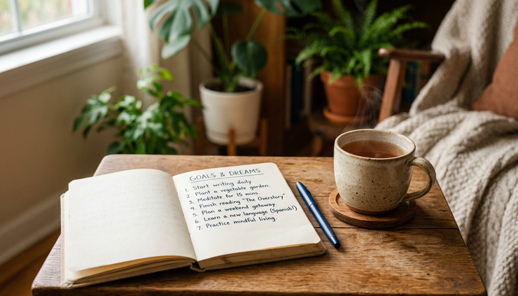 Eye-level view of a notebook and a warm cup of tea on a small wooden table at home.