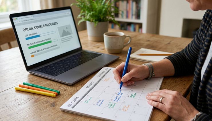 Close-up of hands writing a three-month learning calendar beside a laptop