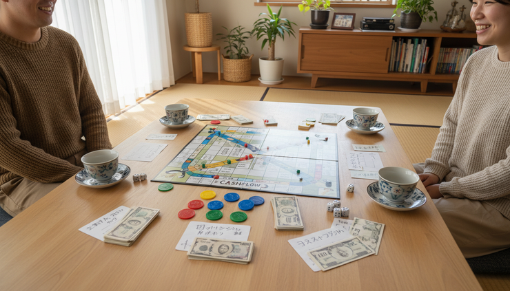 Wide-angle view of a family table with a cashflow board game and colorful tokens.