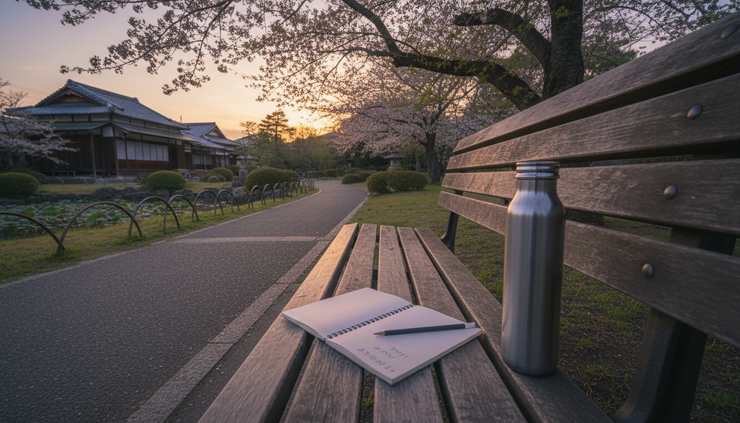 広角で見た夕方の公園ベンチに置かれたノートと水筒。