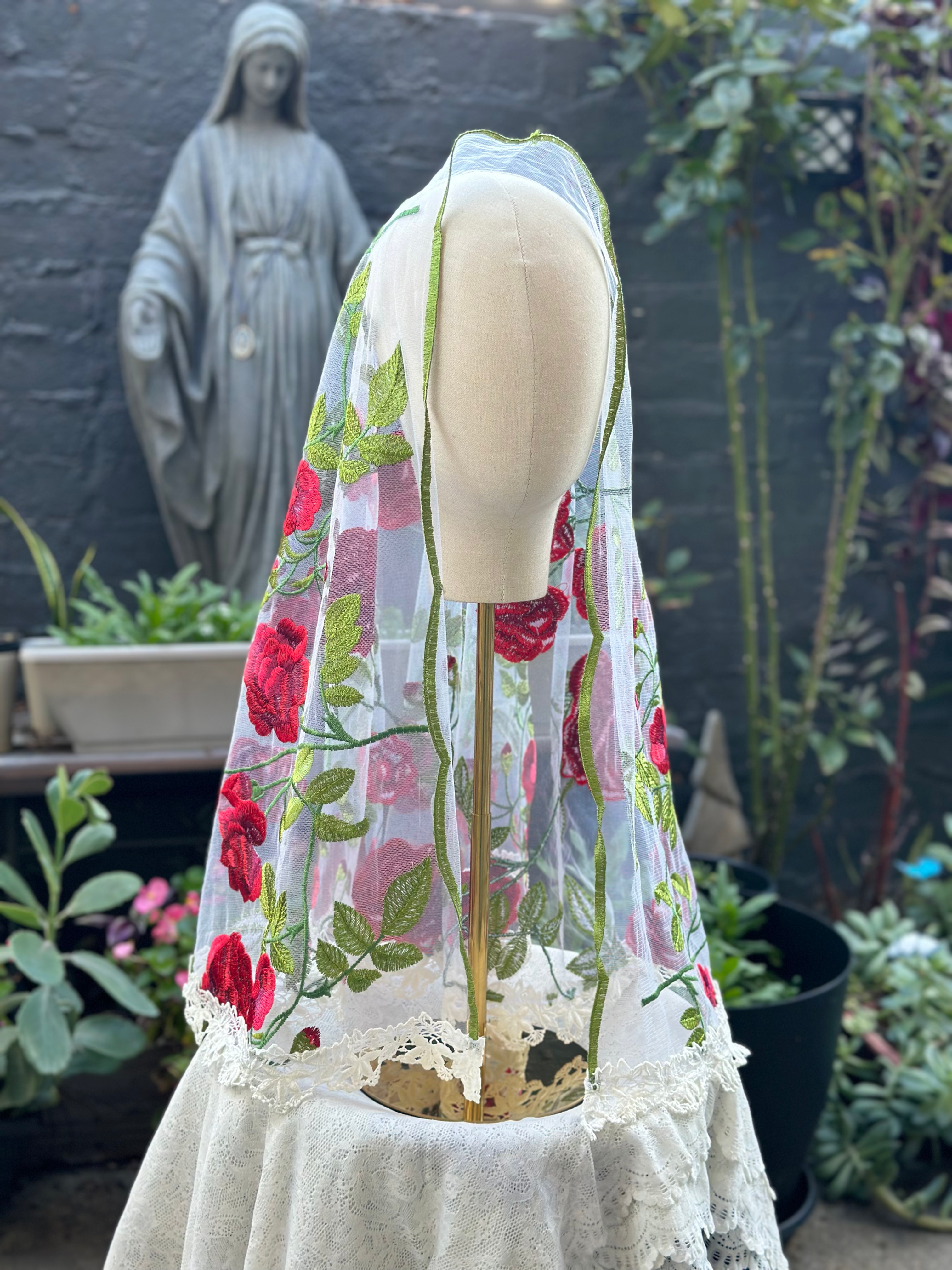 Red Embroidered Roses on White Veil