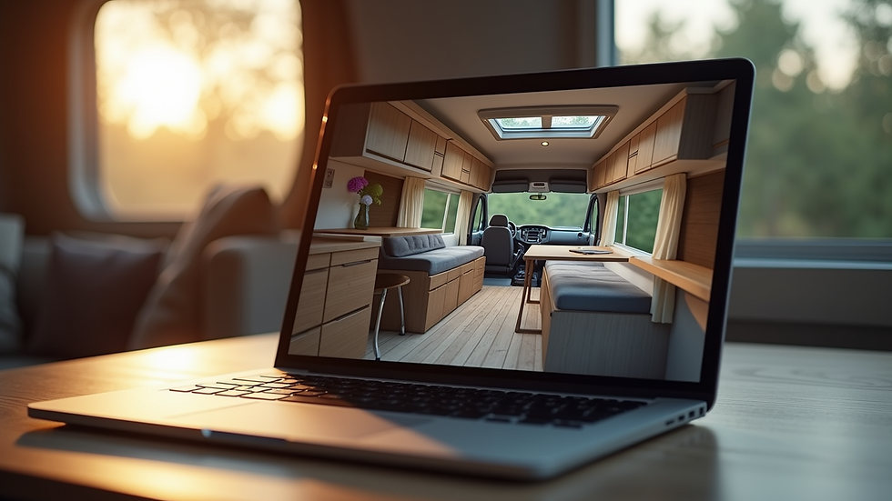 Close-up view of a laptop screen showing a 3D campervan interior design