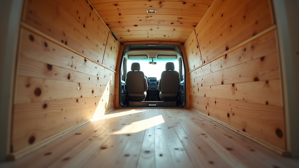 Eye-level view of a camper van interior under construction with wooden panels